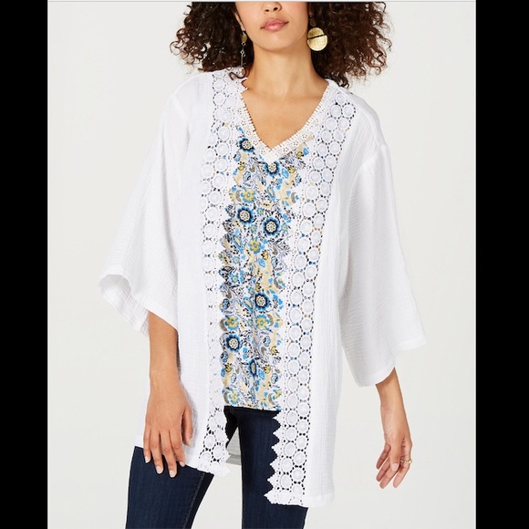 STYLE&CO COTTON TEXTURED LACE TRIM KIMONO - Picture 1 of 3